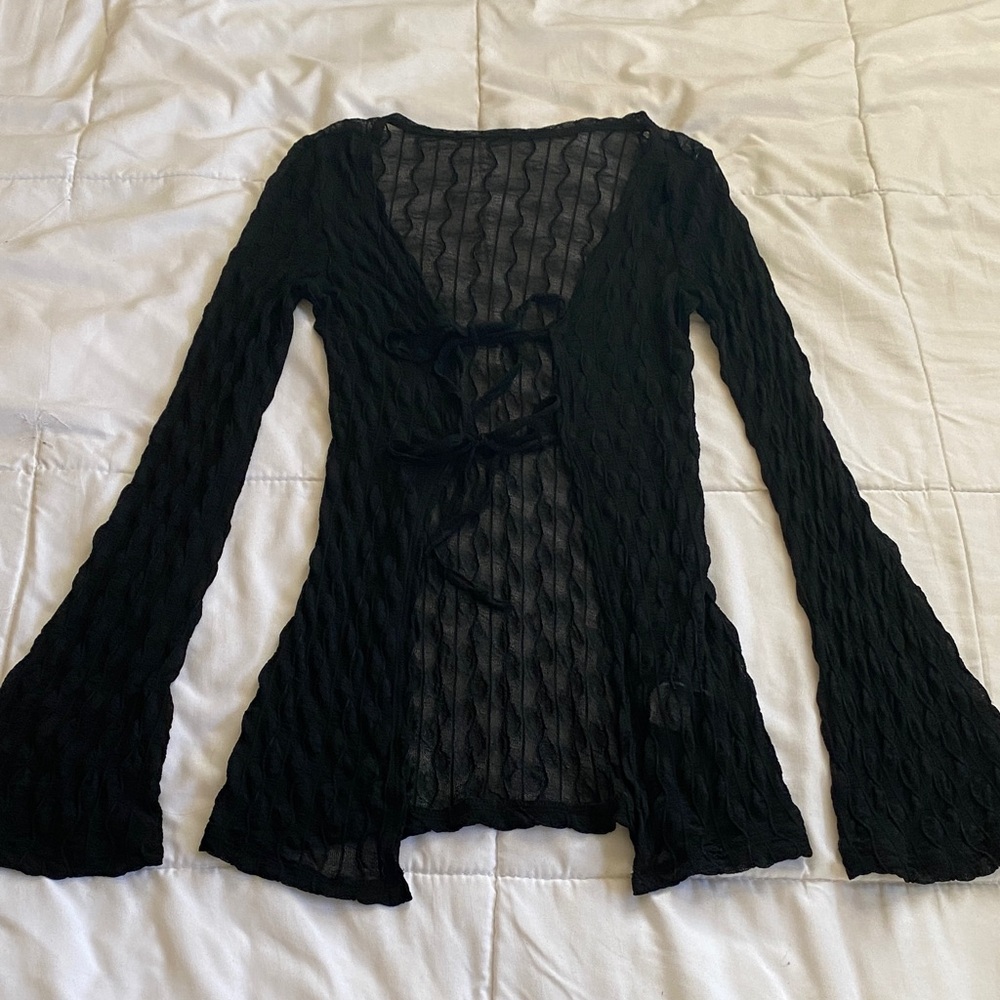 SHEIN Black Sheer Tie-Front Long Sleeve Knit Top